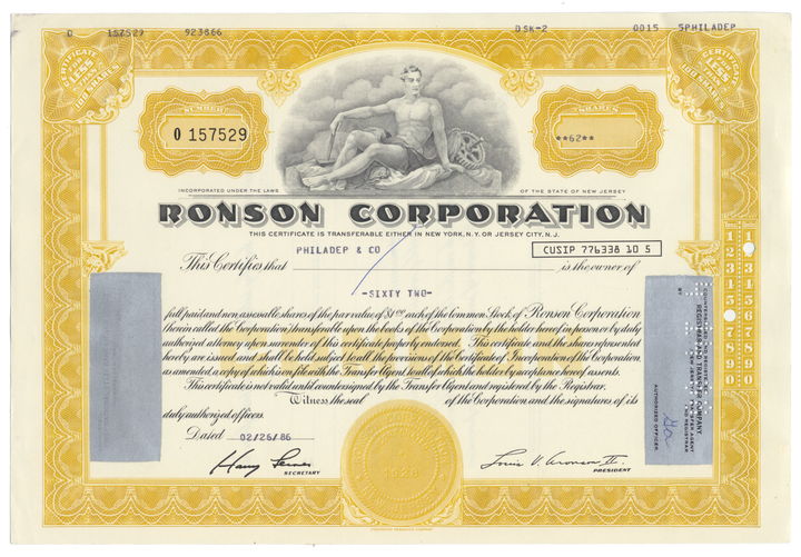 Ronson Corporation Stock Certificate