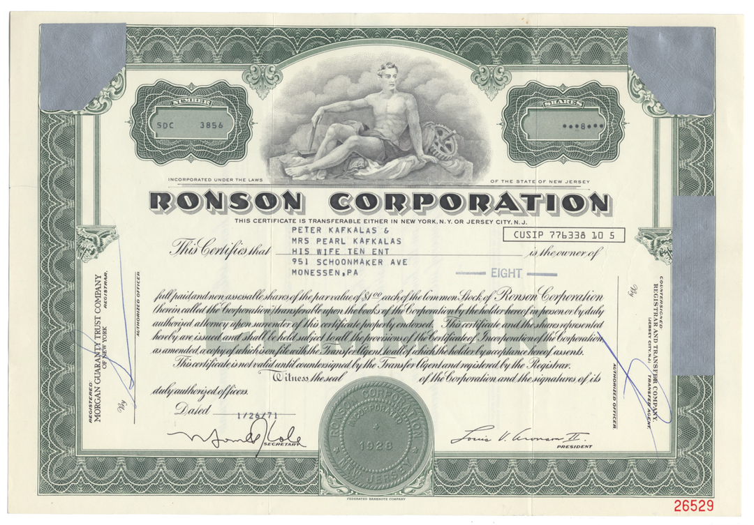 Ronson Corporation Stock Certificate