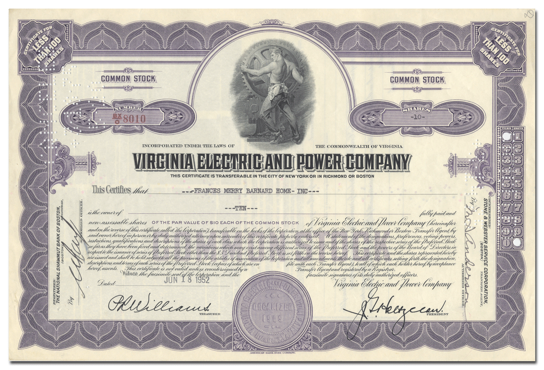 Virginia Electric and Power Company Stock Certificate