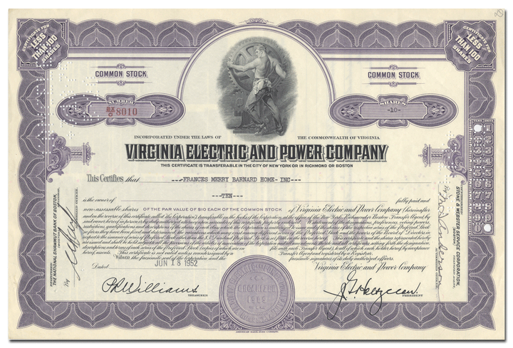 Virginia Electric and Power Company Stock Certificate