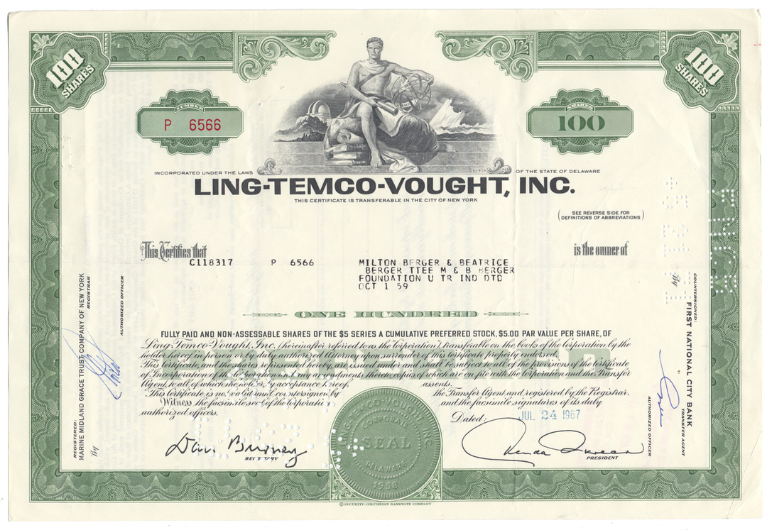 Ling-Temco-Vought, Inc. Stock Certificate