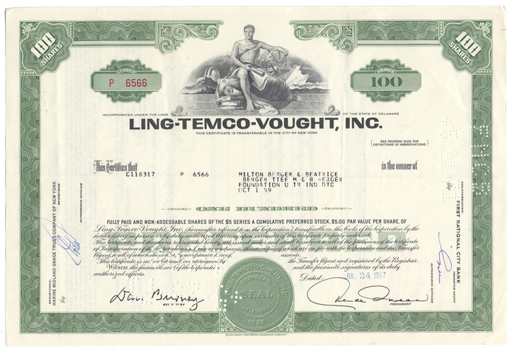 Ling-Temco-Vought, Inc. Stock Certificate