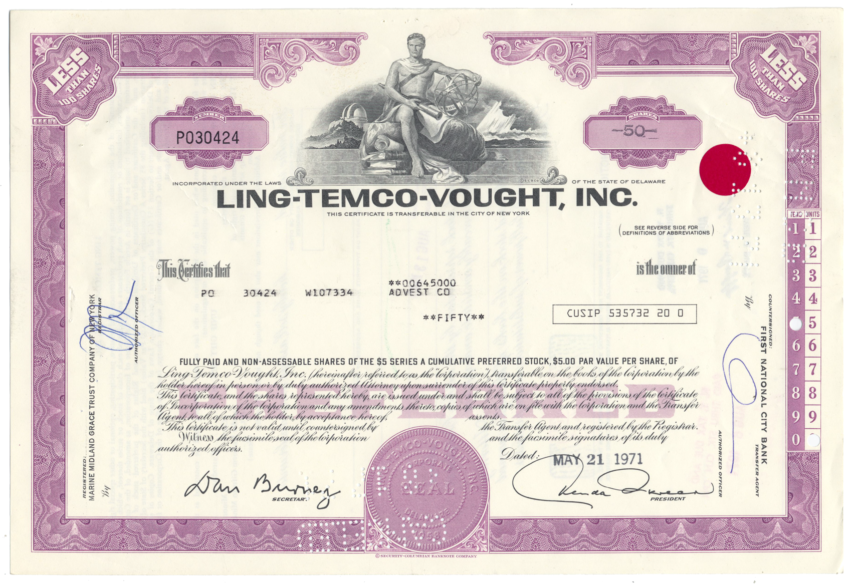 Ling-Temco-Vought, Inc. Stock Certificate
