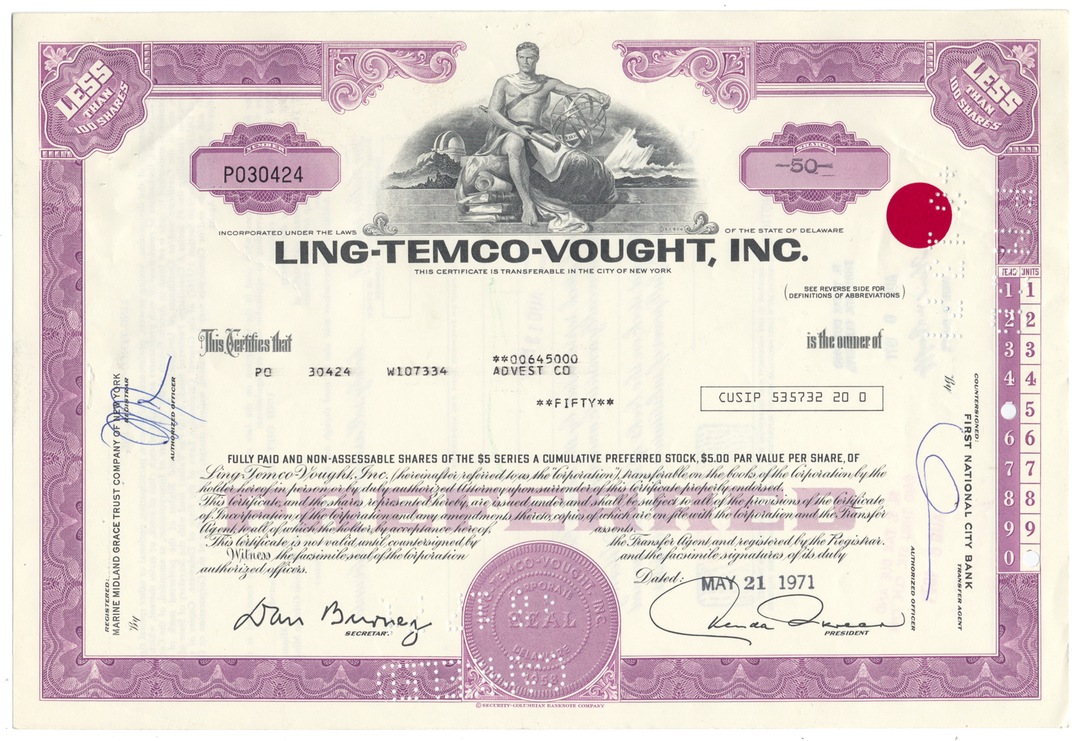 Ling-Temco-Vought, Inc. Stock Certificate