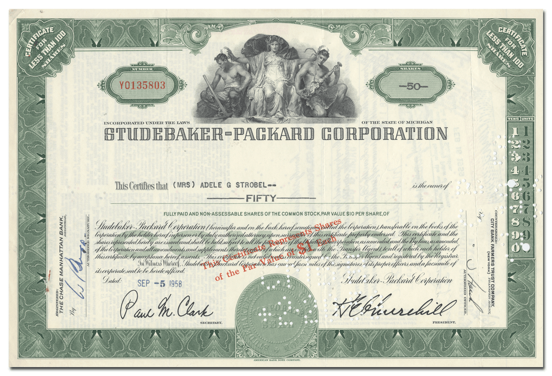 Studebaker-Packard Corporation Stock Certificate