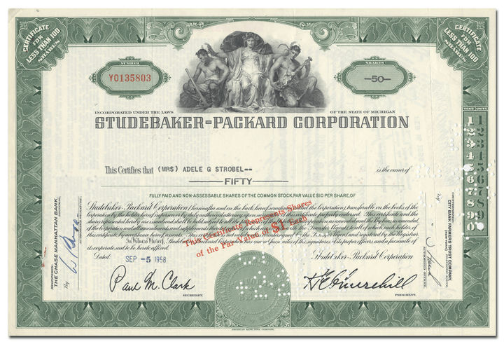 Studebaker-Packard Corporation Stock Certificate