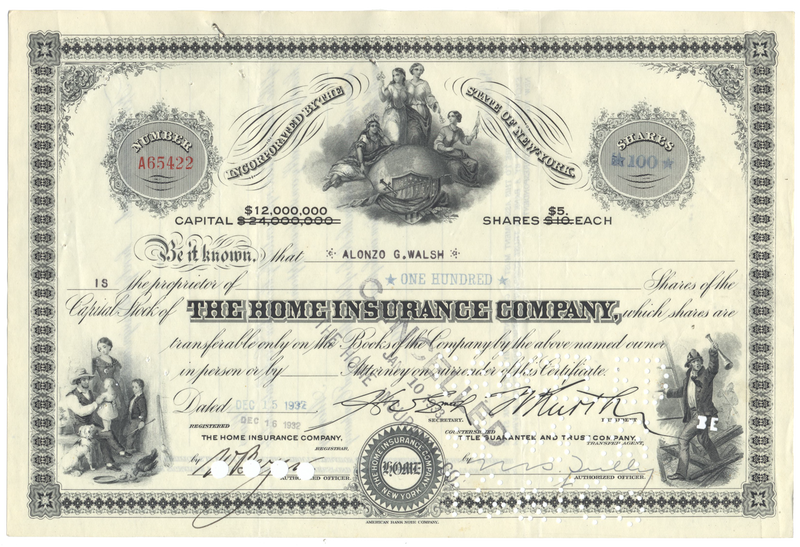 Home Insurance Company Stock Certificate
