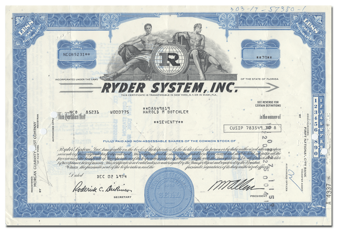 Ryder System, Inc. Stock Certificate