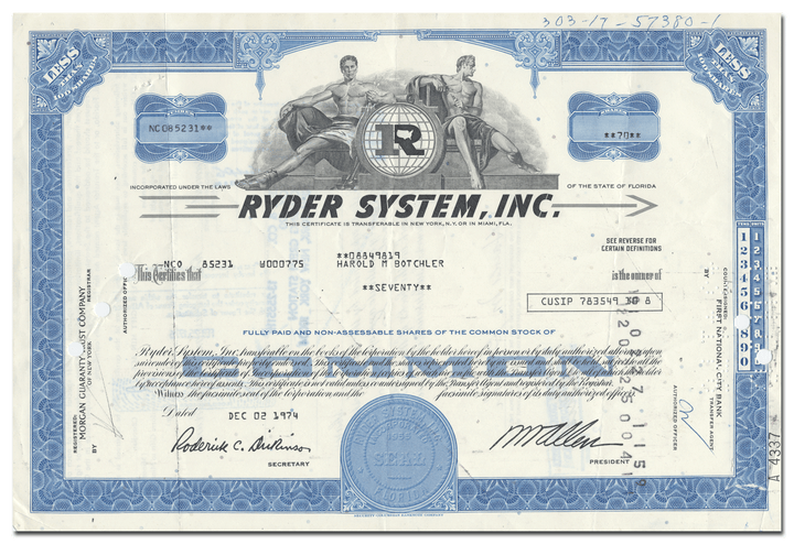 Ryder System, Inc. Stock Certificate