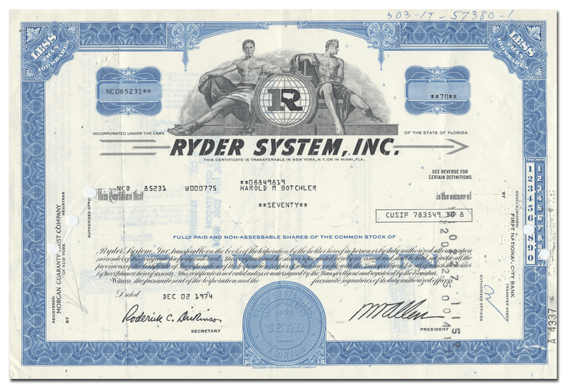 Ryder System, Inc. Stock Certificate