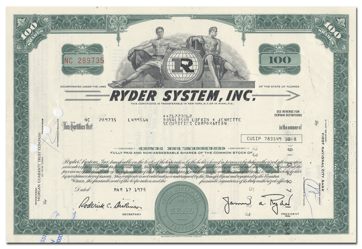 Ryder System, Inc. Stock Certificate