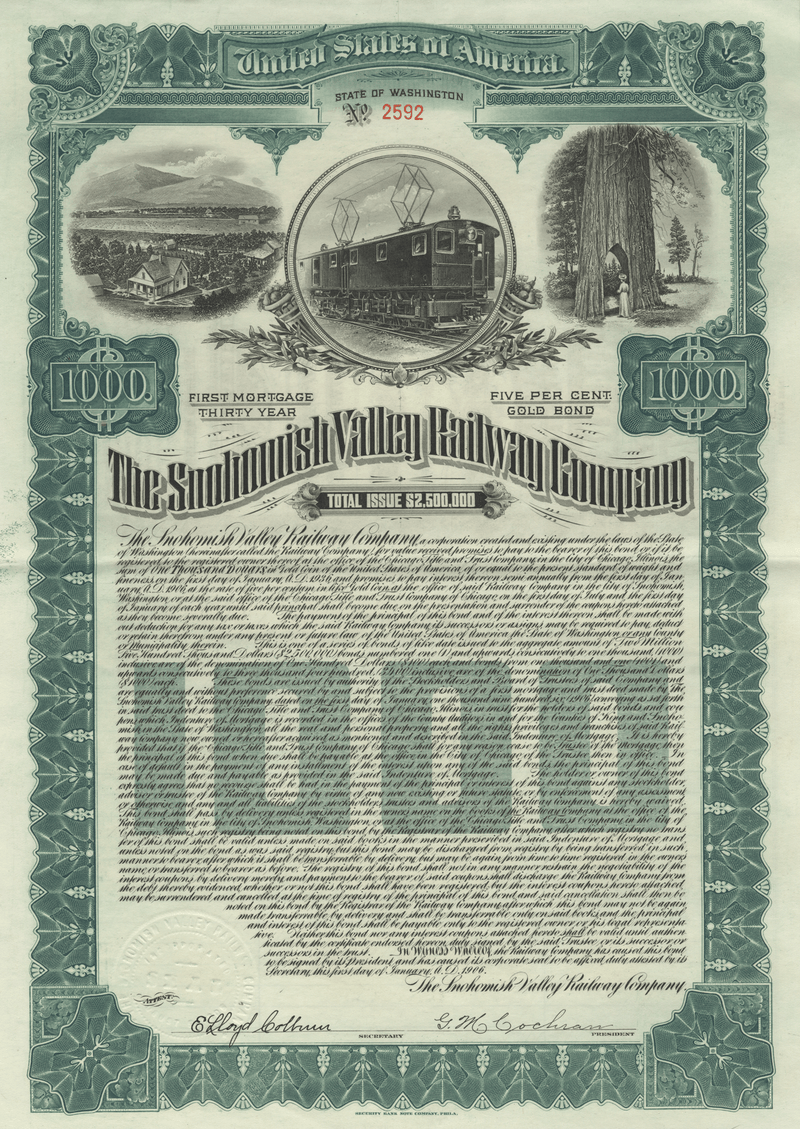 Snohomish Valley Railway Company Bond Certificate