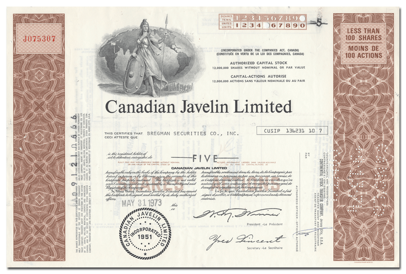Canadian Javelin Limited Stock Certificate