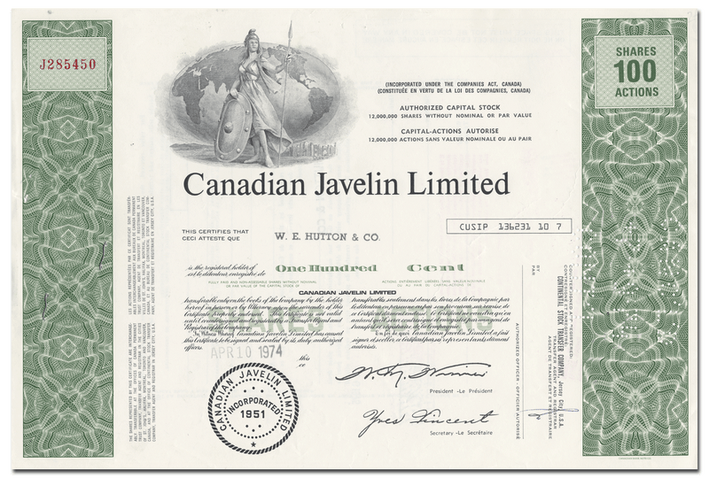 Canadian Javelin Limited Stock Certificate