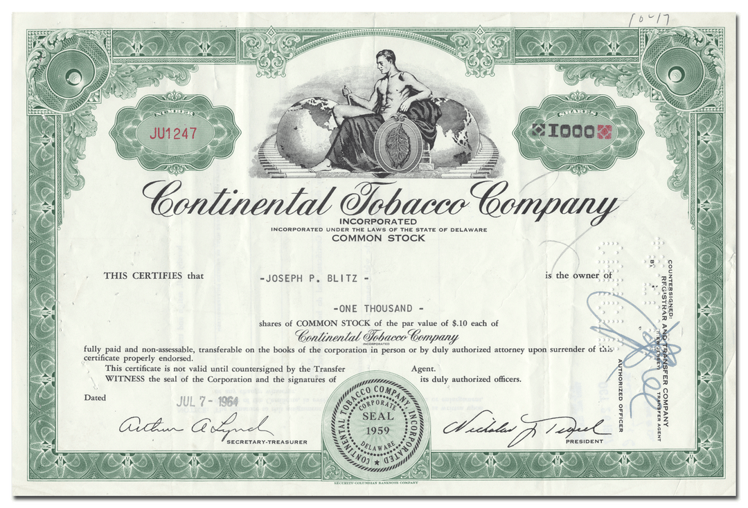 Continental Tobacco Company Stock Certificate