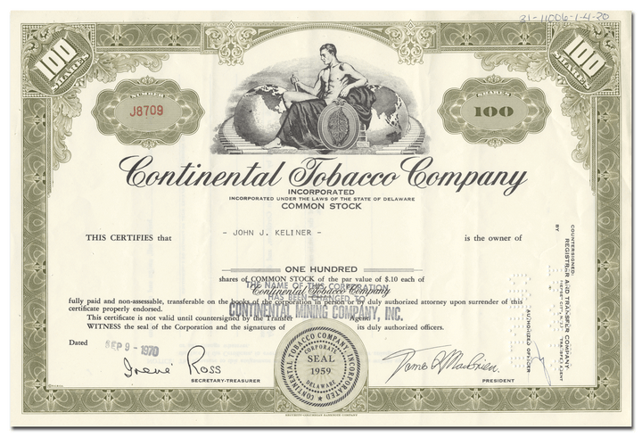 Continental Tobacco Company Stock Certificate