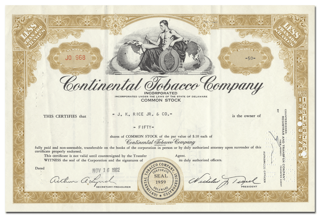 Continental Tobacco Company Stock Certificate