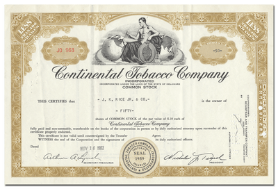 Continental Tobacco Company Stock Certificate