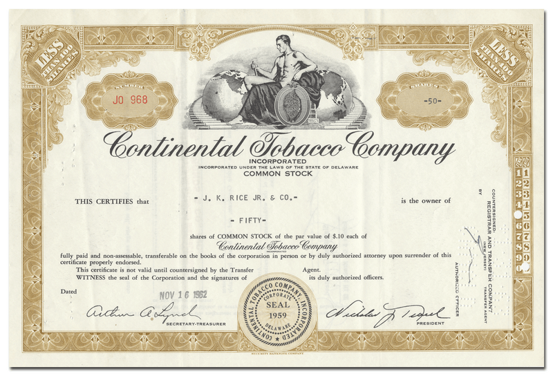 Continental Tobacco Company Stock Certificate