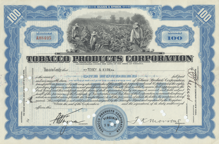 Tobacco Products Corporation Stock Certificate