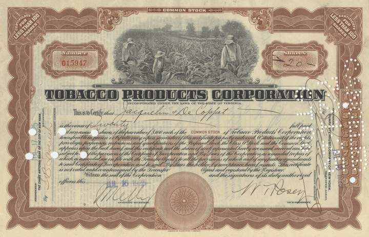 Tobacco Products Corporation Stock Certificate