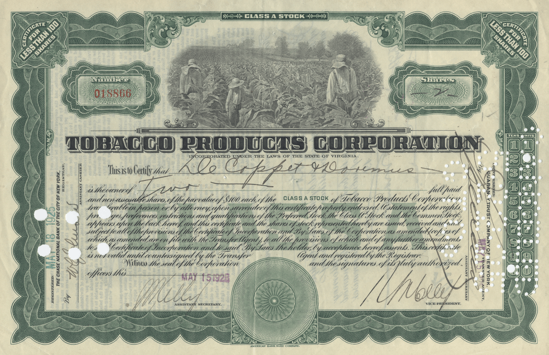 Tobacco Products Corporation Stock Certificate