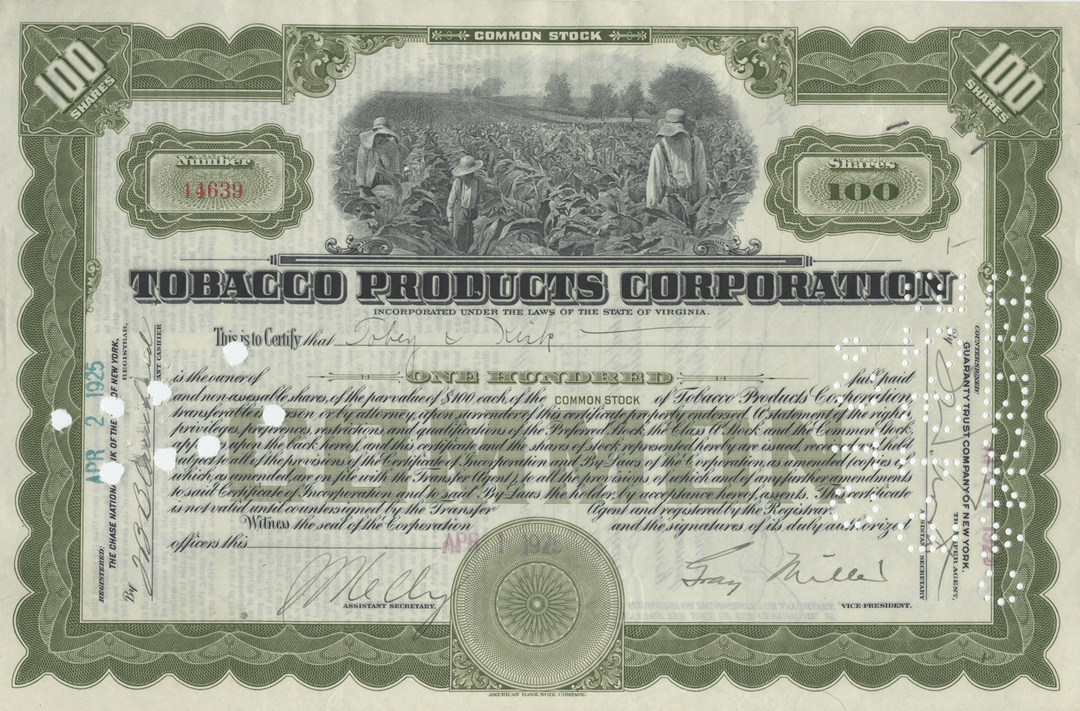 Tobacco Products Corporation Stock Certificate