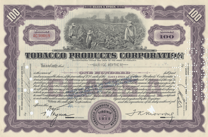 Tobacco Products Corporation Stock Certificate