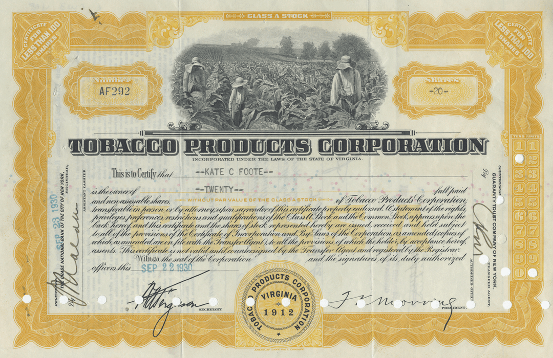 Tobacco Products Corporation Stock Certificate