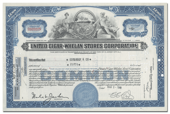 United Cigar-Whelan Stores Corporation Stock Certificate