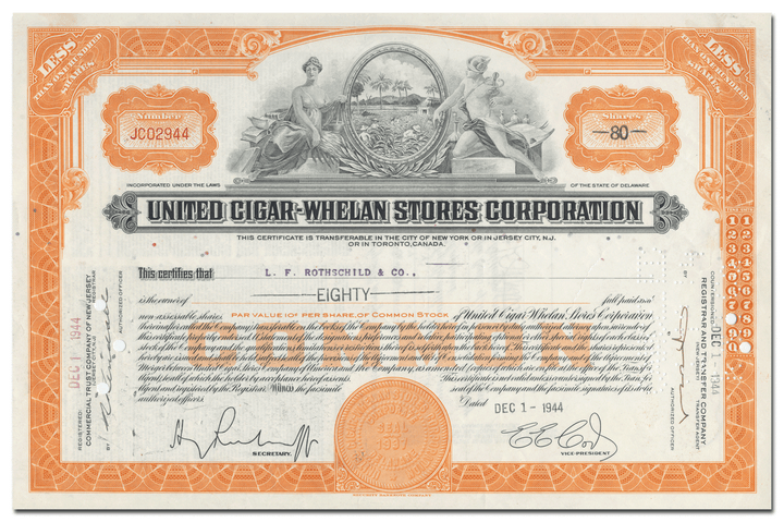 United Cigar-Whelan Stores Corporation Stock Certificate