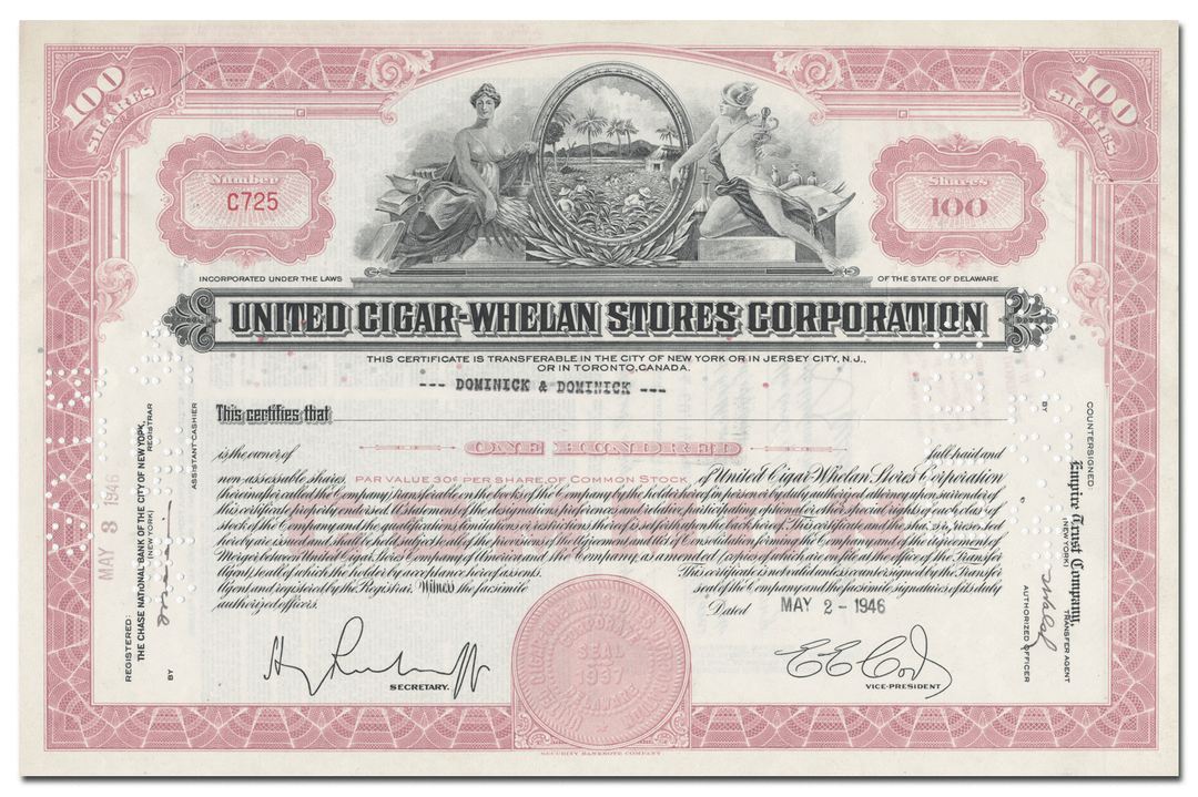 United Cigar-Whelan Stores Corporation Stock Certificate