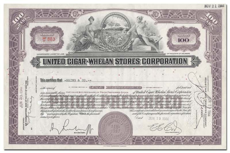United Cigar-Whelan Stores Corporation Stock Certificate