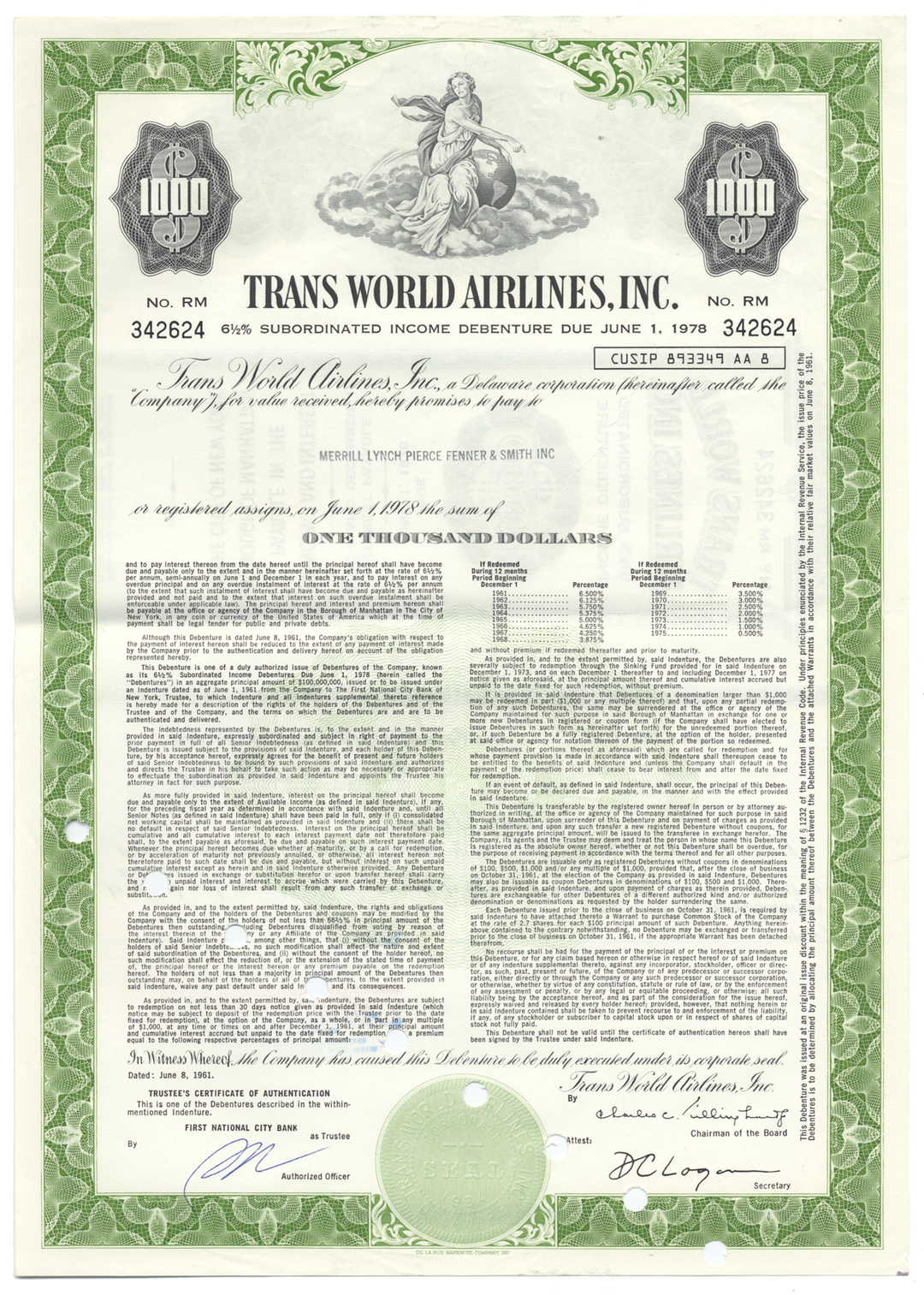 Trans World Airlines, Inc. Bond Certificate