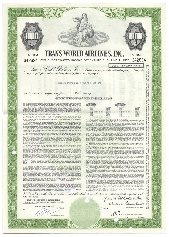 Trans World Airlines, Inc. Bond Certificate