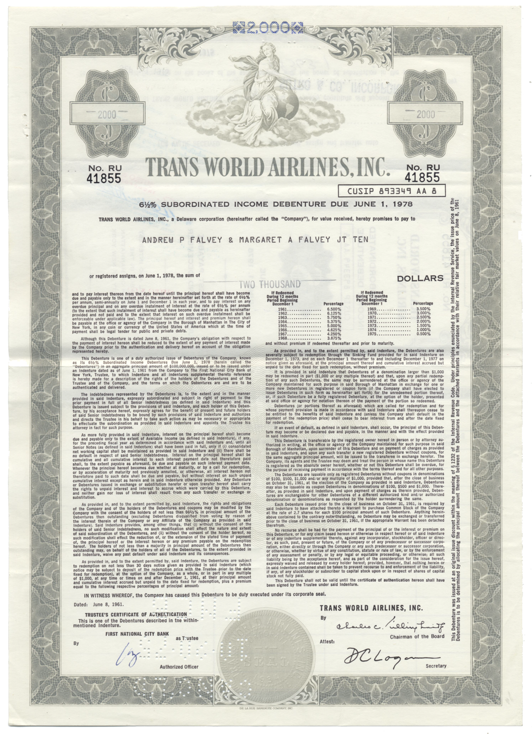 Trans World Airlines, Inc. Bond Certificate