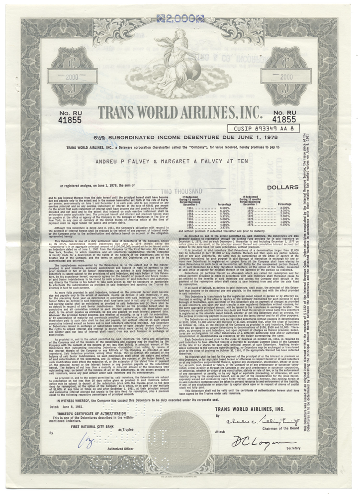 Trans World Airlines, Inc. Bond Certificate