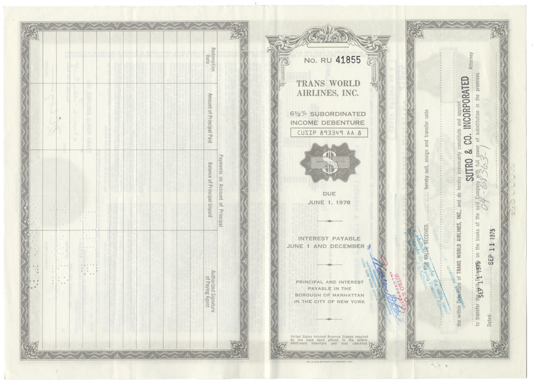 Trans World Airlines, Inc. Bond Certificate