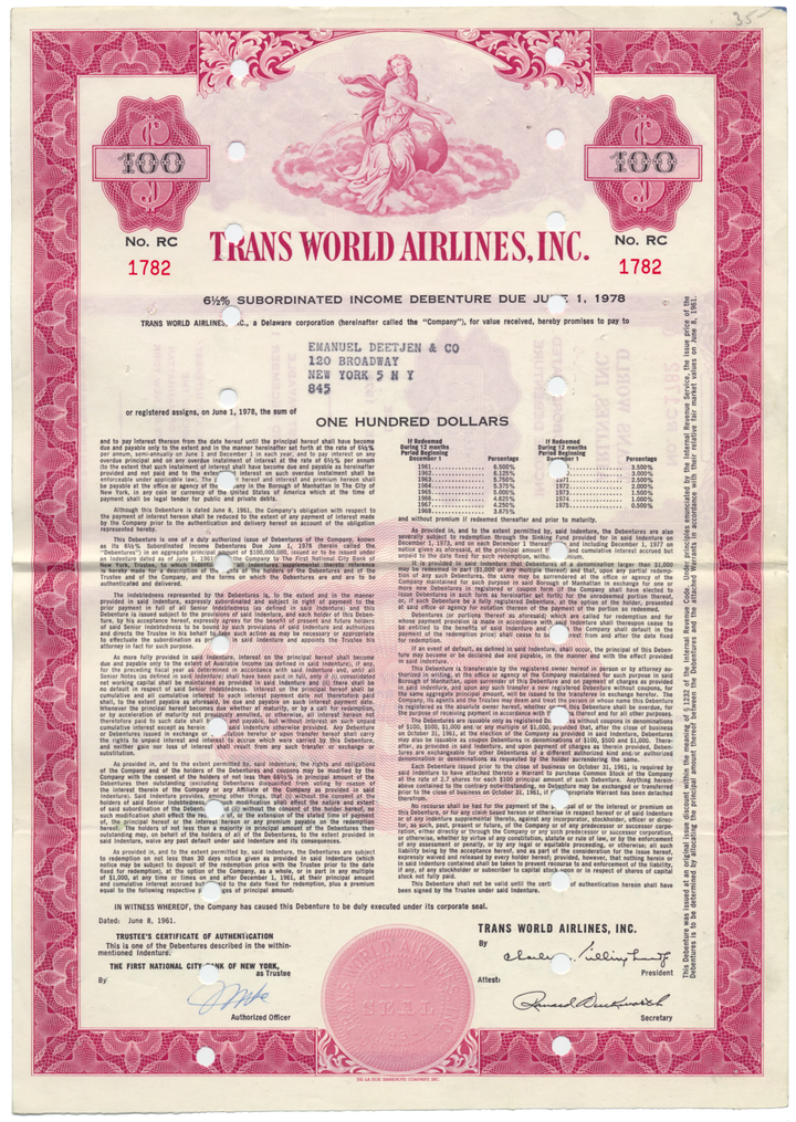 Trans World Airlines, Inc. Bond Certificate