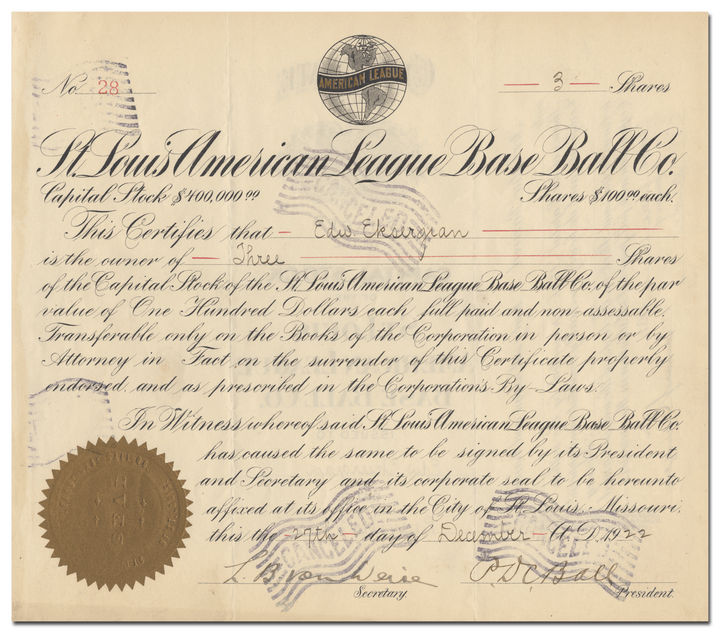 St. Louis American League Base Ball Co. Stock Certificate Signed by D. C. Ball