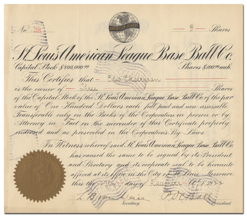 St. Louis American League Base Ball Co. Stock Certificate Signed by D. C. Ball