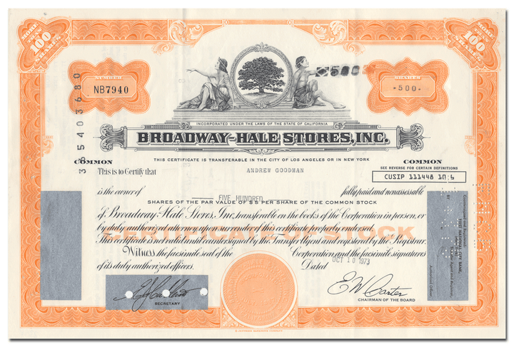 Broadway-Hale Stores, Inc. Stock Certificate