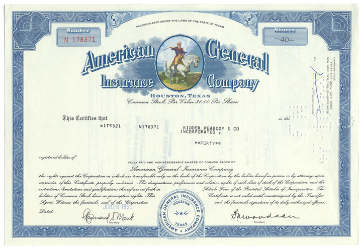 American General Insurance Company Stock Certificate