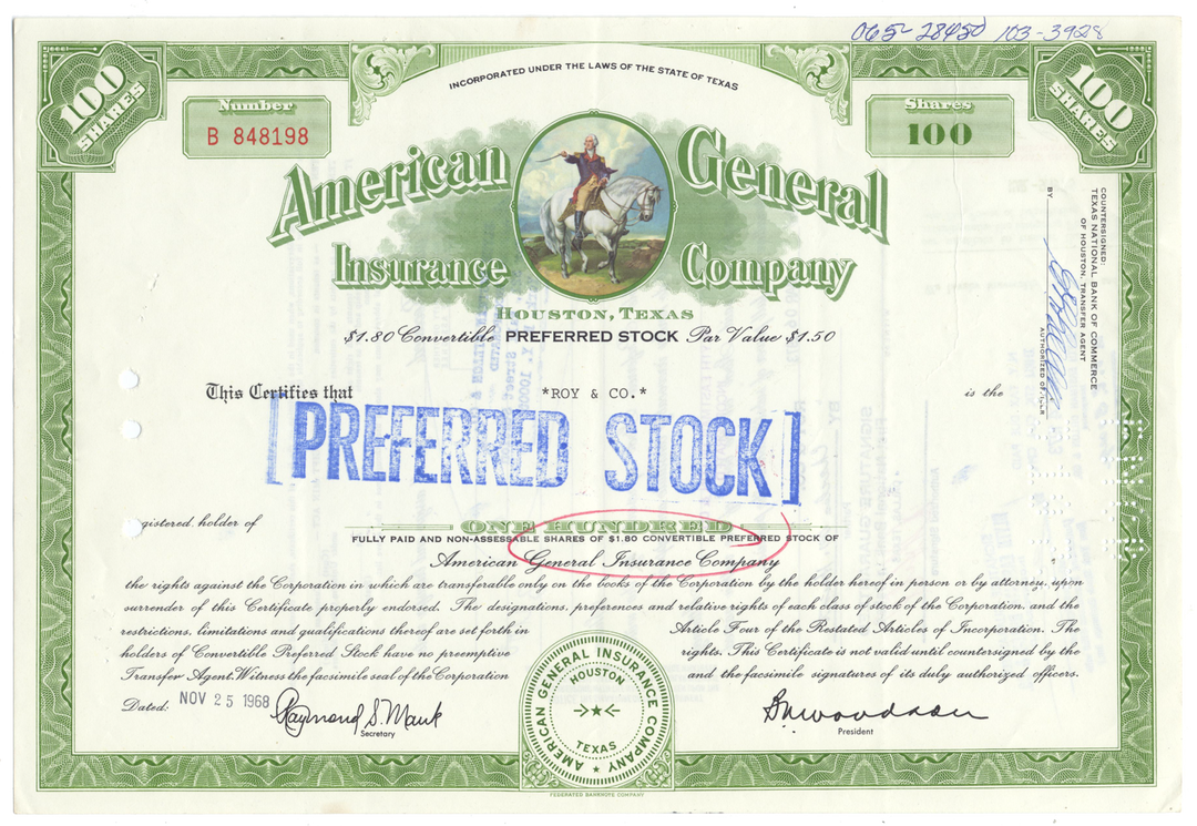 American General Insurance Company Stock Certificate