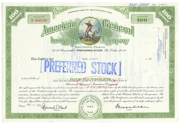 American General Insurance Company Stock Certificate