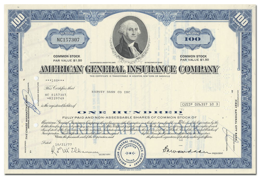 American General Insurance Company Stock Certificate