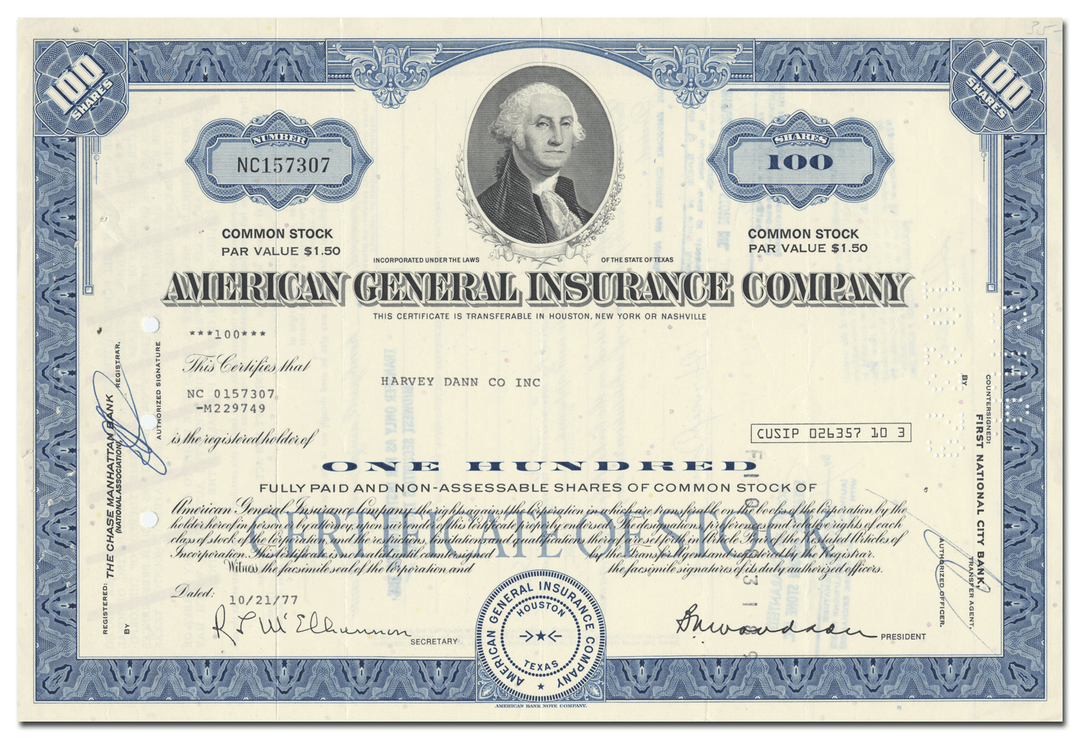 American General Insurance Company Stock Certificate