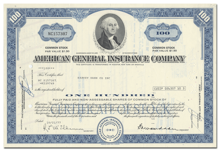 American General Insurance Company Stock Certificate