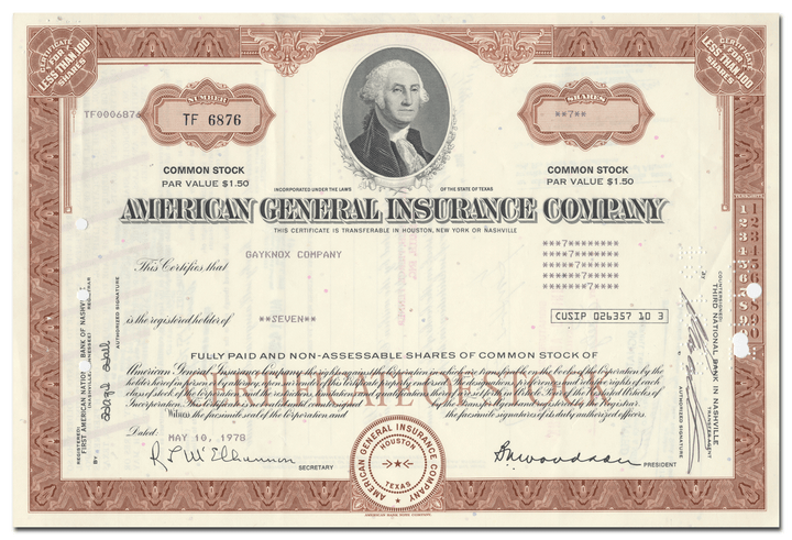 American General Insurance Company Stock Certificate