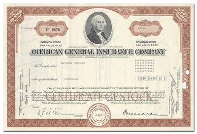 American General Insurance Company Stock Certificate